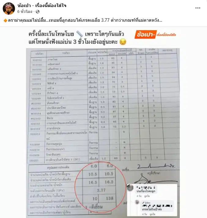 ใบผลการเรียนของเด็กนักเรียนที่ระบุเกรดเฉลี่ย 3.77