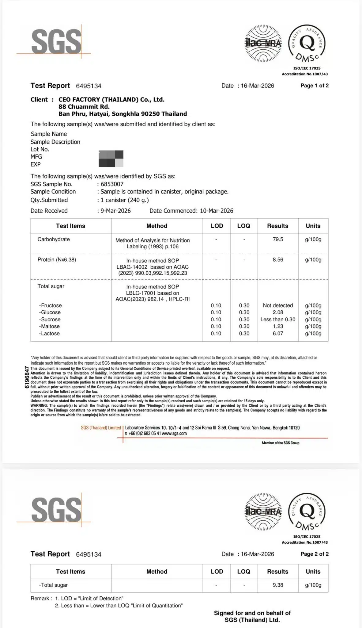 ผลตรวจปริมาณโปรตีนของอาหารเสริมแบรนด์หนึ่ง