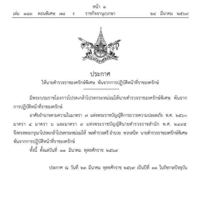 โปรดเกล้าฯ ให้ นายตำรวจราชองครักษ์พิเศษ พ้นจากการปฏิบัติหน้าที่-1