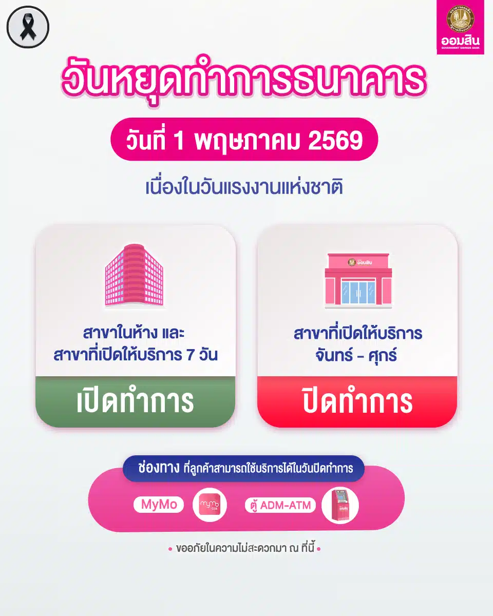 ธนาคารออมสินแจ้งวันหยุดวันแรงงานและวันฉัตรมงคล
