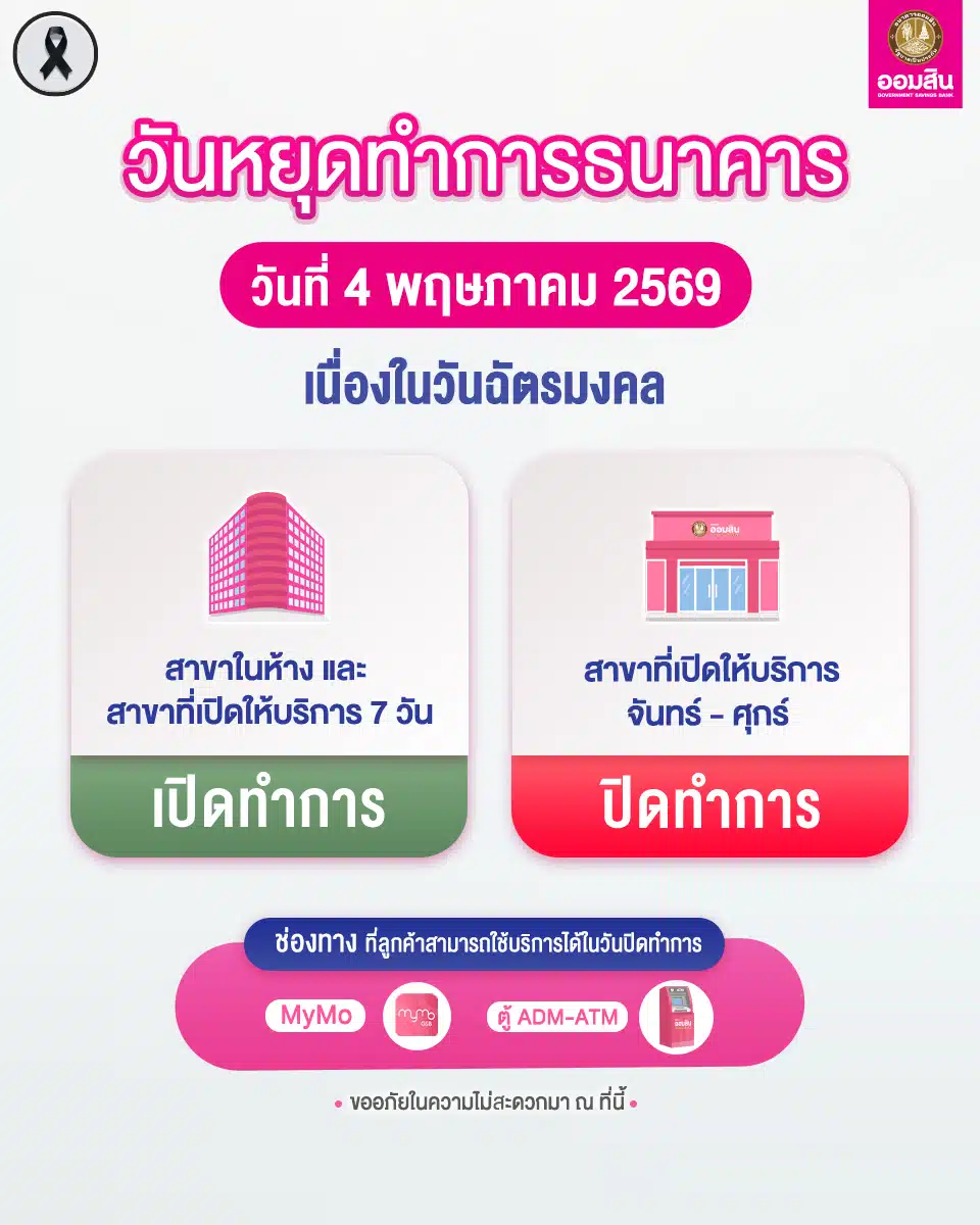 ธนาคารออมสินแจ้งวันหยุด 1 และ 4 พ.ค. 69