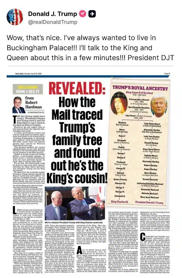 โดนัลด์ ทรัมป์ ปลื้มสื่อเปิดลำดับเครือญาติพบมีบรรพบุรุษร่วมกับกษัตริย์ชาร์ลส์ที่ 3