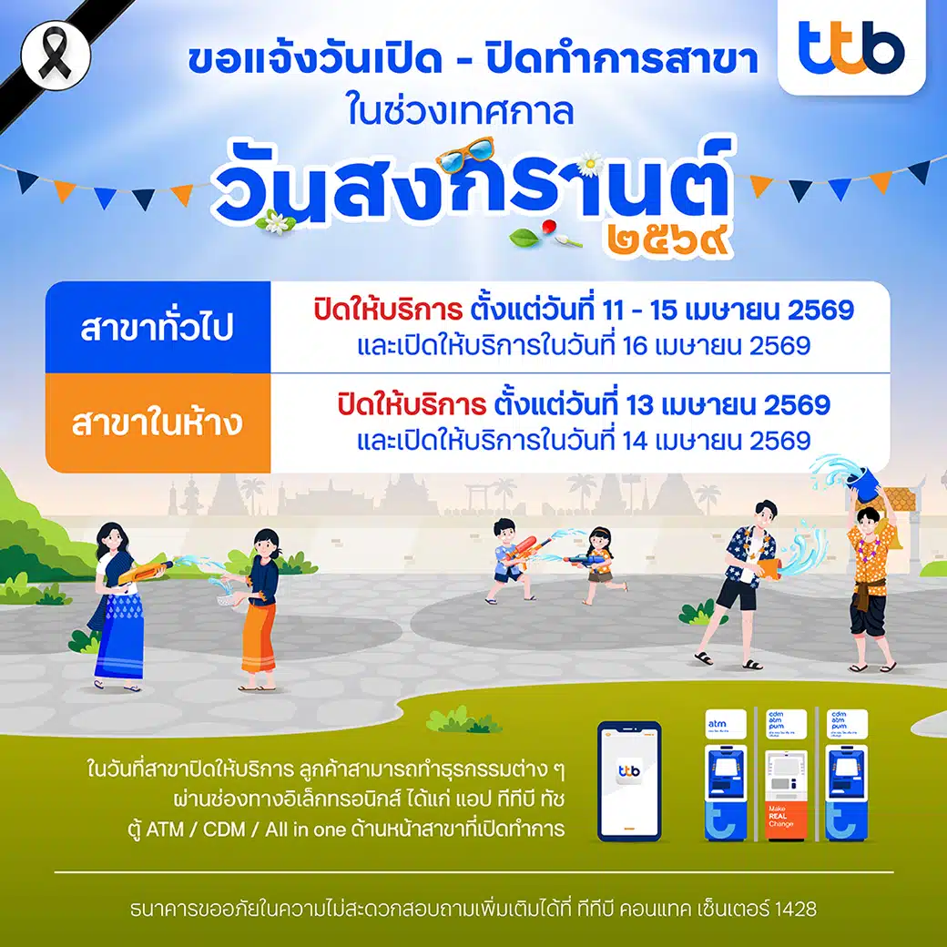 ทีทีบี แจ้งวันเปิด-ปิดทำการของสาขาในช่วงเทศกาลสงกรานต์ 2569