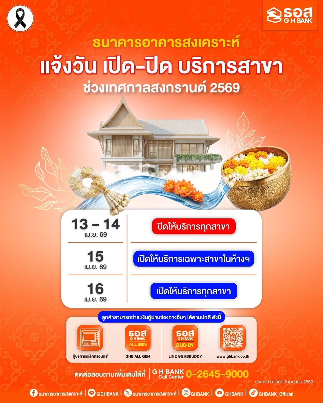 ธนาคารอาคารสงเคราะห์ แจ้งวัน เปิด - ปิด บริการสาขา ช่วงเทศกาลสงกรานต์ 2569