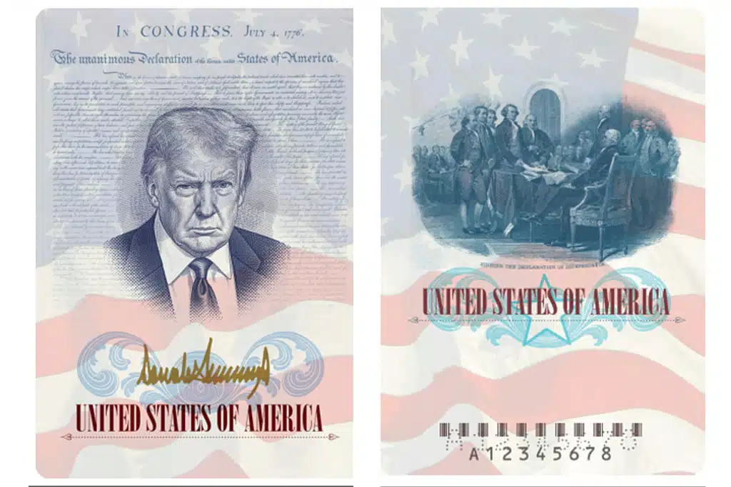 ตัวอย่างหนังสือเดินทางสหรัฐอเมริการุ่นพิเศษที่มีรูป โดนัลด์ ทรัมป์