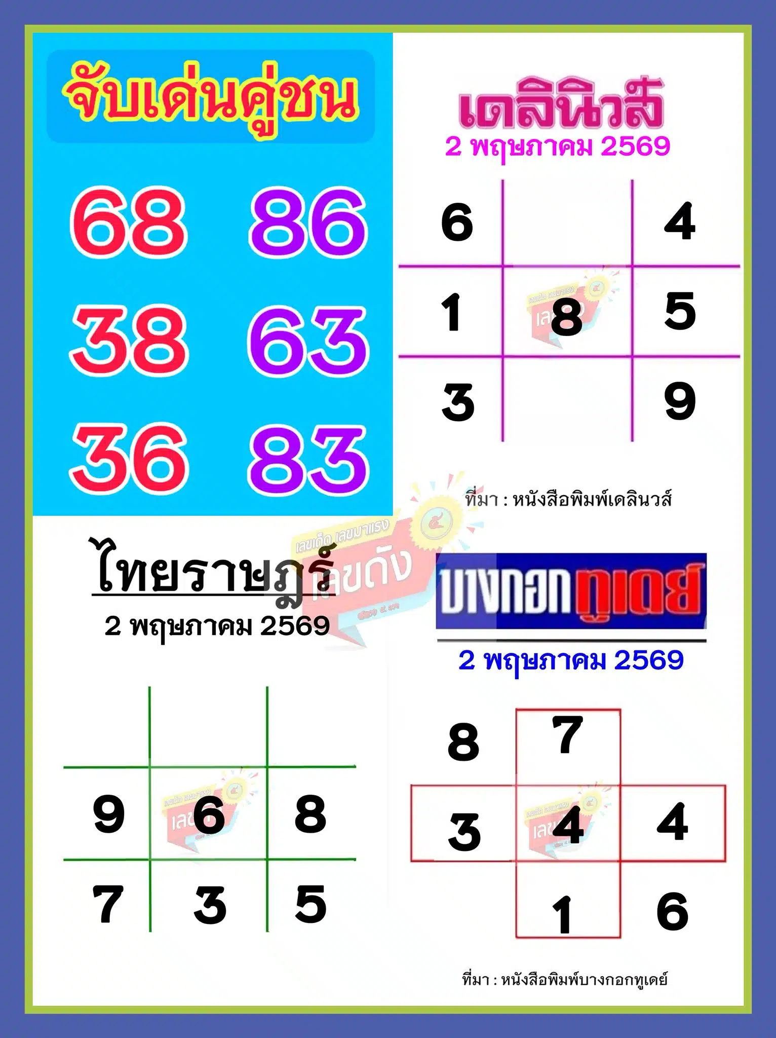 เลขเด็ด 3 สำนัก งวด 2 พ.ค. 69