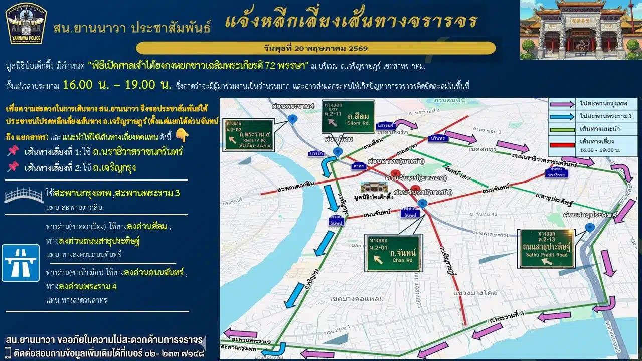 สน.ยานนาวาแจ้งเลี่ยงถนนเจริญราษฎร์ตั้งแต่แยกใต้ด่วนจันทน์ถึงแยกสาทร 16.00–19.00 น. วันพุธ เหตุจัดพิธีเปิดศาลเจ้าไต้ฮงกง