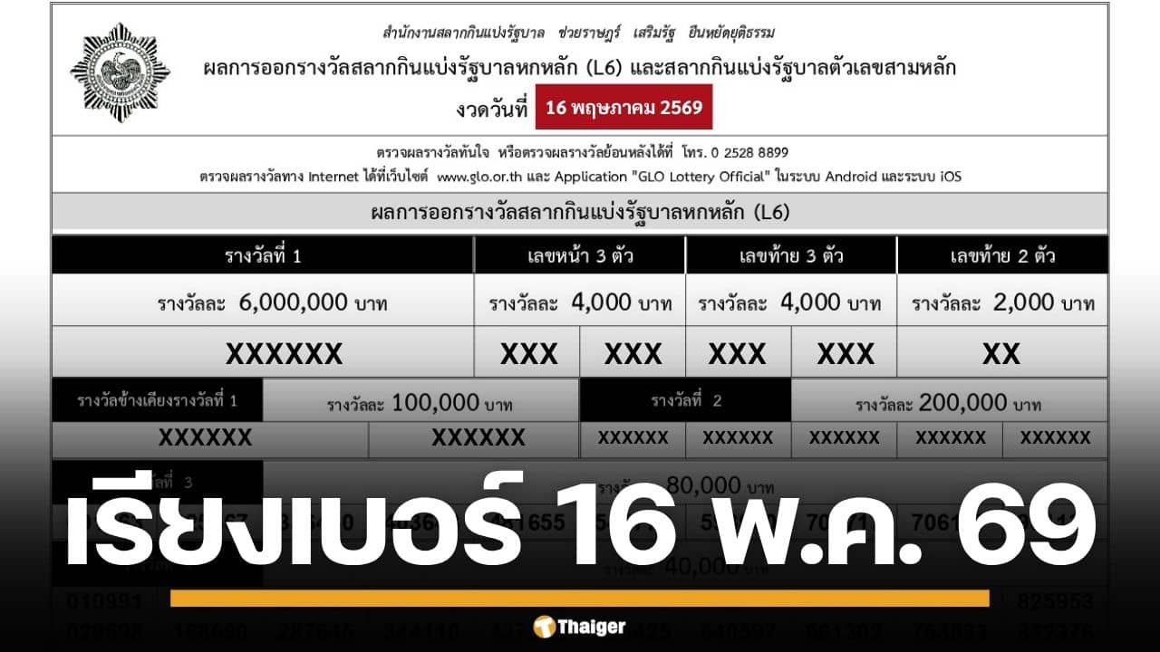 ใบตรวจหวย เรียงเบอร์ 16 พฤษภาคม 2569 ผลสลากกินแบ่งรัฐบาล ทุกรางวัล