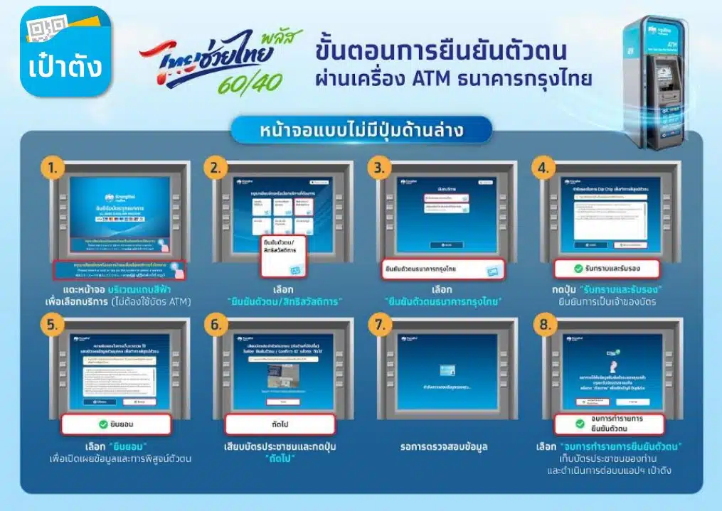 ขั้นตอนการยืนยันตัวตนแอปพลิเคชันเป๋าตังผ่านตู้ ATM ธนาคารกรุงไทย