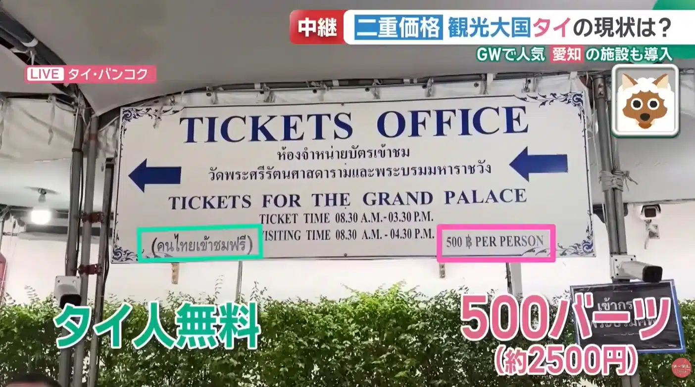 ป้ายบอกราคาค่าเข้าชมพระบรมมหาราชวังภาษาอังกฤษ 500 บาท