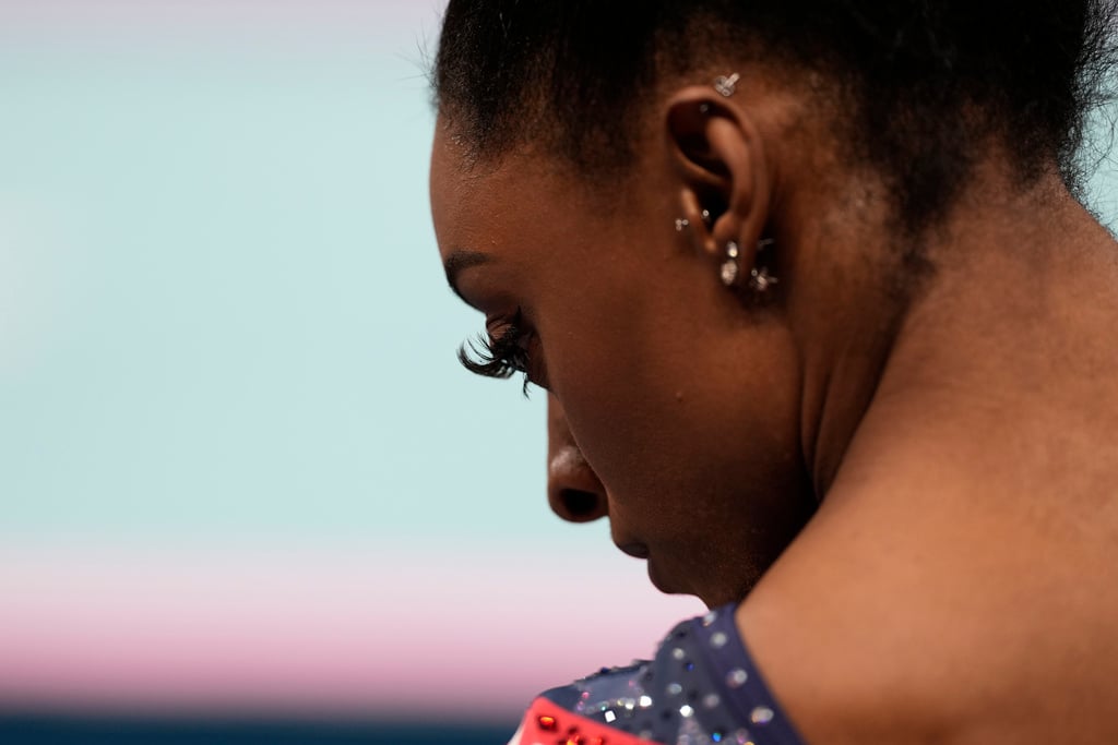 Simone Biles, of the United States, prepares to compete during the women's artistic gymnastics team finals round at Bercy Arena at the 2024 Summer Olympics, Tuesday, July 30, 2024, in Paris, France.
