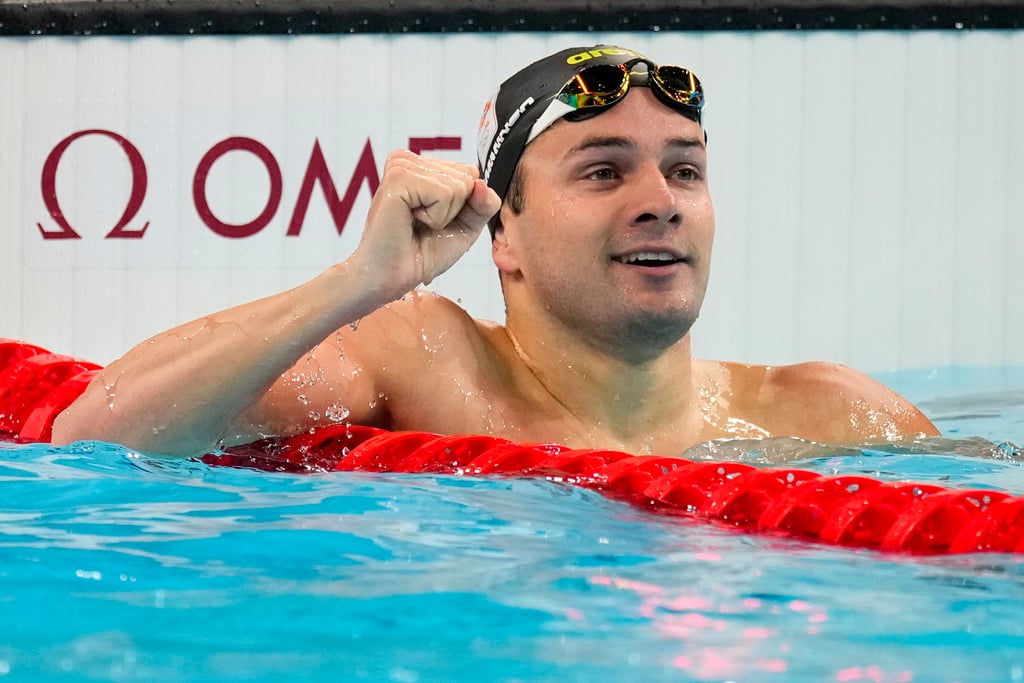 Arno Kamminga, of Netherlands, reacts after his heat in the men's 100-meter breaststroke at the 2024 Summer Olympics, Saturday, July 27, 2024, in Nanterre, France. 