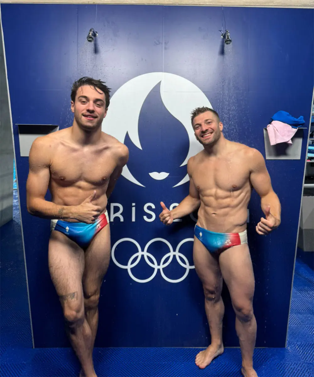 French diver Jules Bouyer and his teammate Alexis Jandard at the 2024 Paris Olympics.