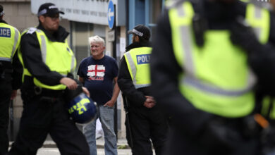 Police forces secure the area ahead of a far-right anti-immigration protest in Newcastle, England, Saturday, Aug. 10, 2024.(AP Photo/Scott Heppell).