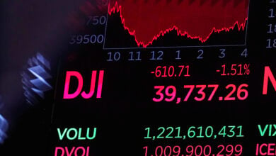 A board above the trading floor shows the closing number for the Dow Jones industrial average, at the New York Stock Exchange, Friday, Aug. 2, 2024. Stocks tumbled Friday on worries the U.S. economy could be cracking under the weight of high interest rates meant to whip inflation.(AP Photo/Richard Drew)