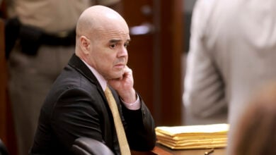 Robert Telles waits for proceedings to begin during his murder trial at the Regional Justice Center in Las Vegas, Friday, Aug. 23, 2024. Telles, a former Clark County public administrator, is charged in the murder of Las Vegas Review-Journal investigative journalist Jeff German. (K.M. Cannon/Las Vegas Review-Journal via AP).