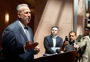 Clark County District Attorney Steve Wolfson addresses the media about the guilty verdict in former Clark County Public Administrator Robert Telles trial for the murder of Las Vegas Review-Journal investigative reporter Jeff German at the Regional Justice Court Wednesday, Aug. 28, 2024, in Las Vegas, (Bizuayehu Tesfaye/Las Vegas Review-Journal via AP).