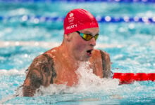 Adam Peaty, of Britain, competes in the men's 100-meter breaststroke final at the 2024 Summer Olympics, Sunday, July 28, 2024, in Nanterre, France.