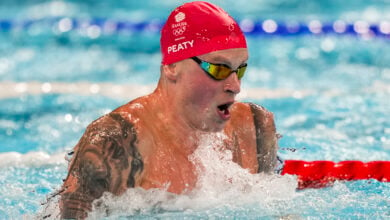 Adam Peaty, of Britain, competes in the men's 100-meter breaststroke final at the 2024 Summer Olympics, Sunday, July 28, 2024, in Nanterre, France.