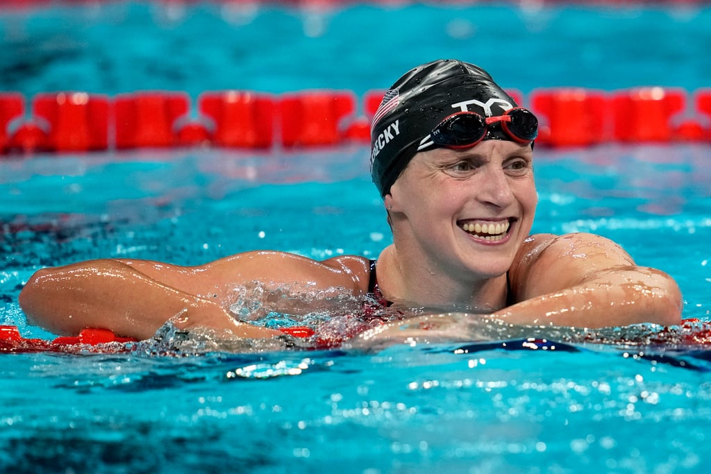 Katie Ledecky, of the United States, smiles after winning the women's 1500-meter freestyle final at the 2024 Summer Olympics, Wednesday, July 31, 2024, in Nanterre, France. 