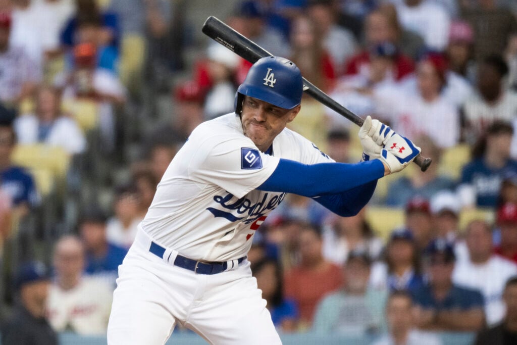 Los Angeles Dodgers' Freddie Freeman bats during the first inning of a baseball game against the Philadelphia Phillies in Los Angeles, Monday, Aug. 5, 2024. Freeman has missed last eight games as his youngest son Maximus was diagnosed with Guillan-Barre syndrome. 