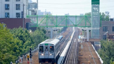 A Chicago Transit Authority Green Line train passes the new Damen Ave. station Sunday, Aug. 4, 2024, near the United Center where the Democratic National Convention will convene Monday, August 19, in Chicago. (AP Photo/Charles Rex Arbogast)