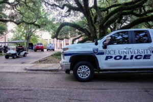 A Rice University Police vehicle sits parked after an apparent murder-suicide at Jones College, a residential college at Rice University, according to authorities Monday, Aug. 26, 2024, in Houston. (Raquel Natalicchio/Houston Chronicle via AP).