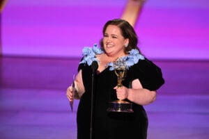 Jessica Gunning accepts the award for outstanding supporting actress in a limited or anthology series or movie for "Baby Reindeer" at the 76th Emmy Awards on Sunday, Sept. 15, 2024 at the Peacock Theater in Los Angeles. (Photo by Phil McCarten/Invision for the Television Academy/AP Content Services).