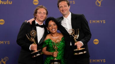 Jeremy Allen White, winner of the award for outstanding lead actor in a comedy series for "The Bear", from left, Liza Colon-Zayas, winner of the award for outstanding supporting actress in a drama series for "The Bear", and Ebon Moss-Bachrach, winner of the award for outstanding supporting actor in a comedy series for "The Bear" pose in the press room during the 76th Primetime Emmy Awards on Sunday, Sept. 15, 2024, at the Peacock Theater in Los Angeles. (AP Photo/Jae C. Hong).