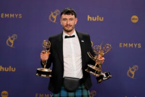 Richard Gadd, winner of the awards for outstanding writing for a limited or anthology series or movie, outstanding lead actor in a limited or anthology series or movie, and outstanding limited or anthology series for "Baby Reindeer", poses in the press room during the 76th Primetime Emmy Awards on Sunday, Sept. 15, 2024, at the Peacock Theater in Los Angeles. (AP Photo/Jae C. Hong).