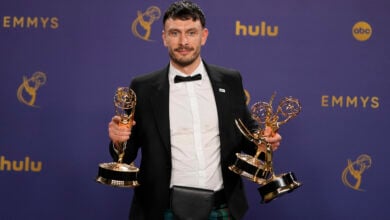 Richard Gadd, winner of the awards for outstanding writing for a limited or anthology series or movie, outstanding lead actor in a limited or anthology series or movie, and outstanding limited or anthology series for "Baby Reindeer", poses in the press room during the 76th Primetime Emmy Awards on Sunday, Sept. 15, 2024, at the Peacock Theater in Los Angeles. (AP Photo/Jae C. Hong).