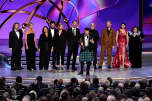 Richard Gadd, center, and the team from "Baby Reindeer" accept the award for outstanding limited or anthology series during the 76th Primetime Emmy Awards on Sunday, Sept. 15, 2024, at the Peacock Theater in Los Angeles.(AP Photo/Chris Pizzello).