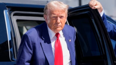 Republican presidential nominee former President Donald Trump arrives at Harry Reid International Airport to board a plane after a campaign trip, Saturday, Sept.14, 2024, in Las Vegas. (AP Photo/Alex Brandon).