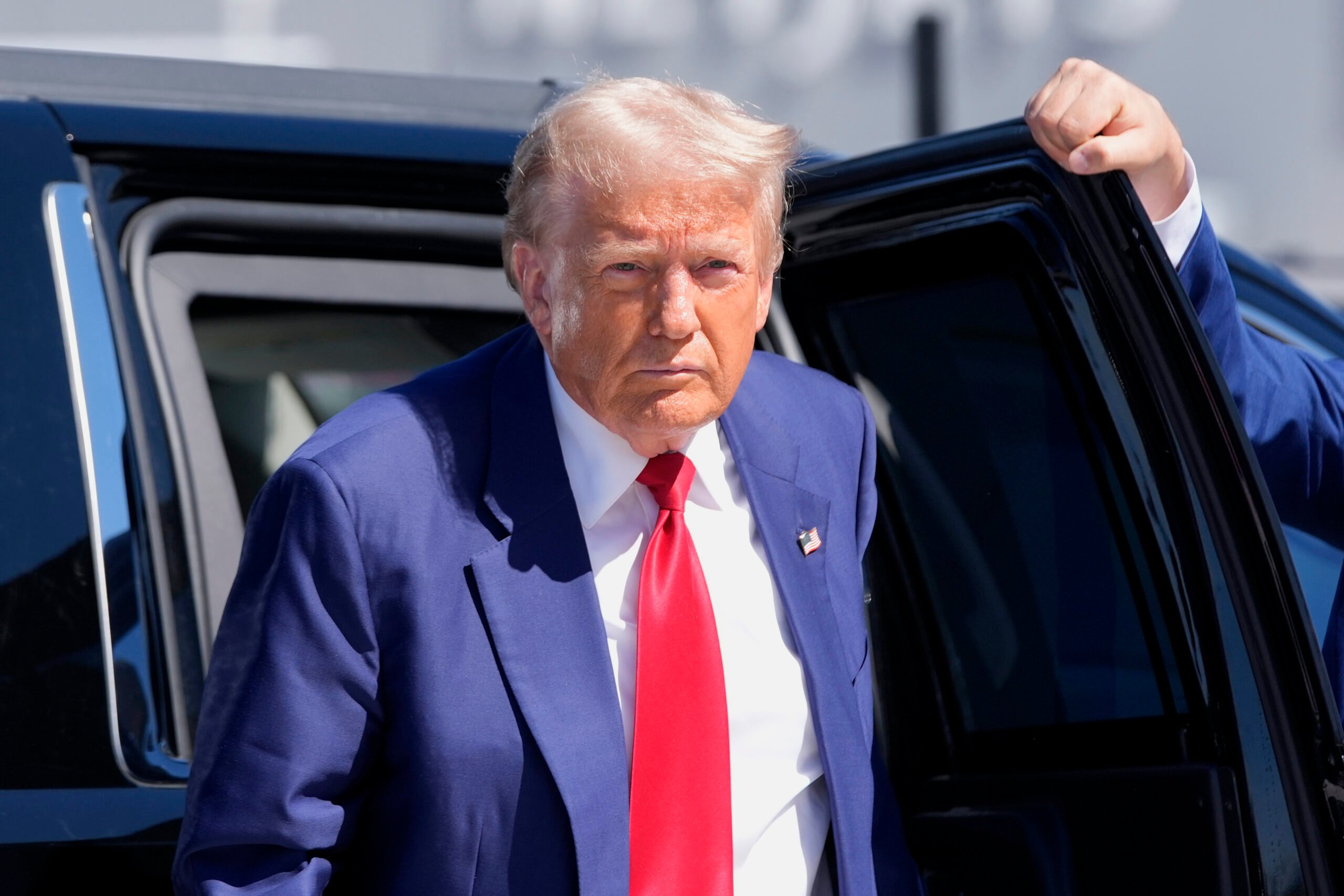 Republican presidential nominee former President Donald Trump arrives at Harry Reid International Airport to board a plane after a campaign trip, Saturday, Sept.14, 2024, in Las Vegas. (AP Photo/Alex Brandon).