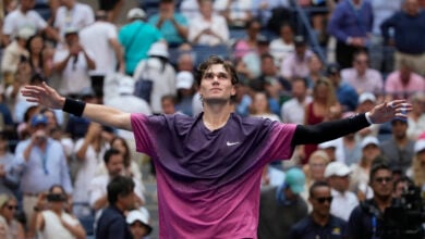 Jack Draper, of Great Britain, reacts after defeating Alex de Minaur, of Australia, during the quarterfinals of the U.S. Open tennis championships, Wednesday, Sept. 4, 2024, in New York. (AP Photo/Pamela Smith).