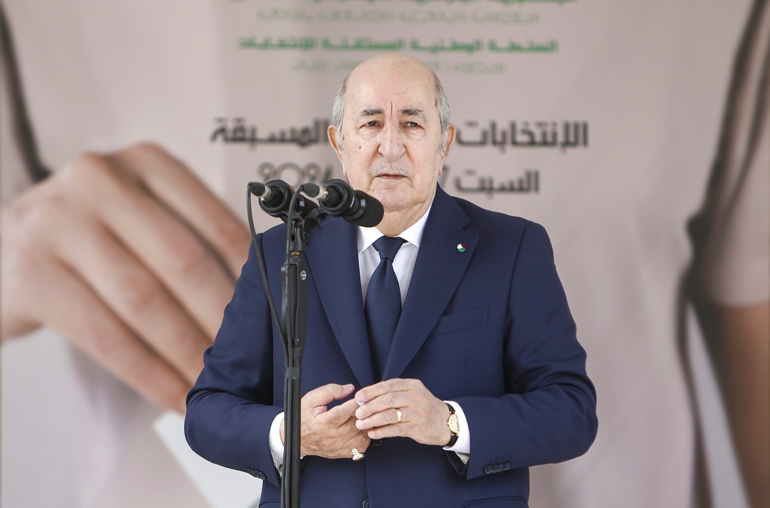 Algerian president and candidate for re-election Abdelmajid Tebboune speaks after casting his ballot inside a polling station during the presidential elections, Saturday, Sept. 7, 2024, in Algiers, Algeria. (AP Photo).