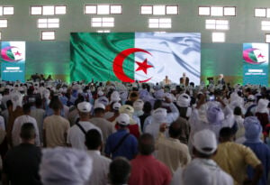 Algerian president and candidate for re-election Abdelmajid Tebboune delivers a speech as part of his campaign for the upcoming presidential election, in Djanet, Algeria, Thursday, Aug. 29, 2024. (AP Photo).