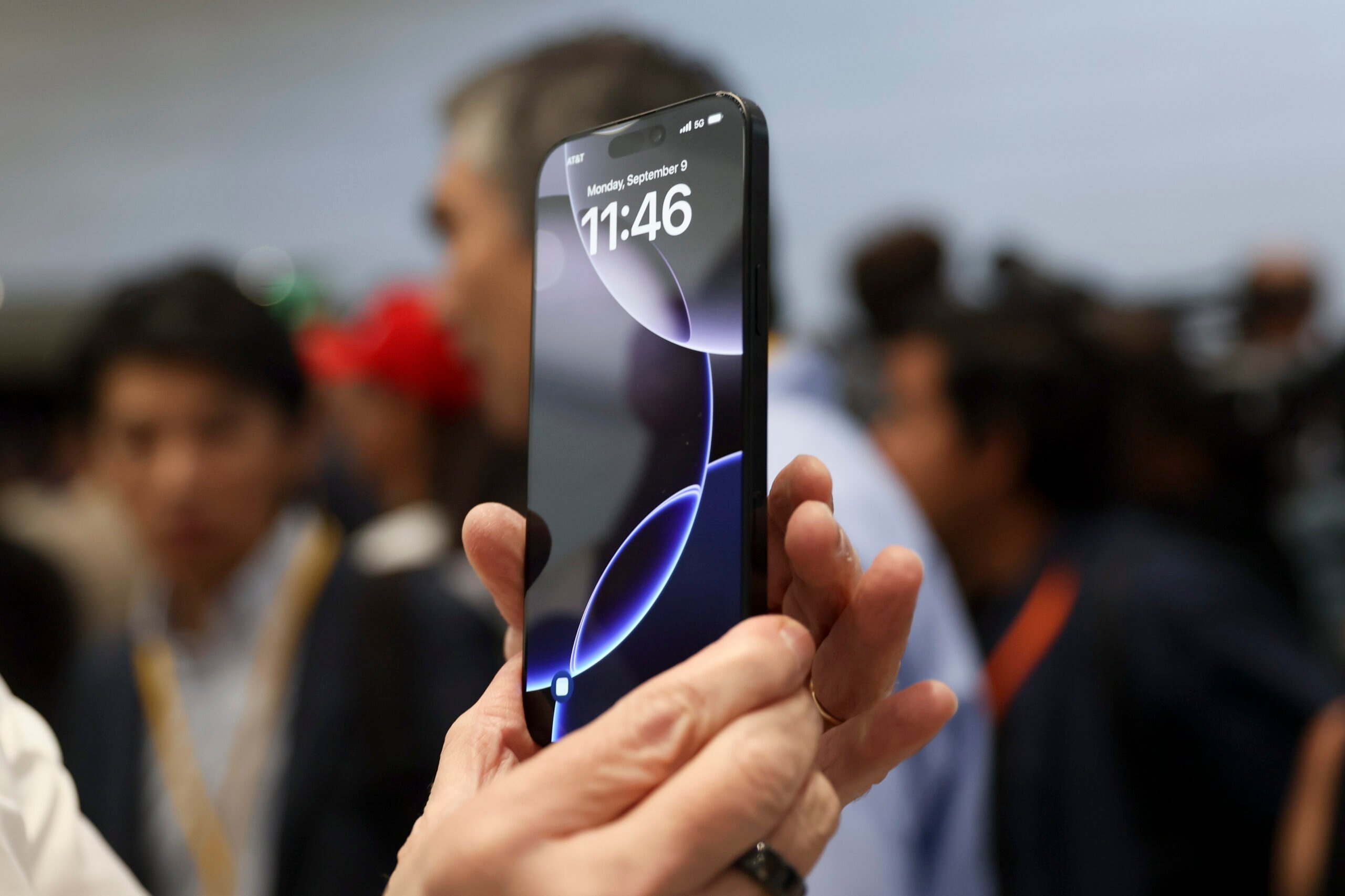 The new iPhone 16 is displayed during an announcement of new products at Apple headquarters Monday, Sept. 9, 2024, in Cupertino, Calif. (AP Photo/Juliana Yamada).