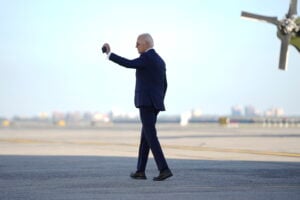 President Joe Biden arrives at JFK airport, New York, Tuesday, Sept. 10, 2024. (AP Photo/Evan Vucci).