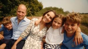 This photo provided by Kensington Palace on Monday, Sept. 9, 2024, shows Kate, Princess of Wales and Prince William with their children Prince George, right, Princess Charlotte and Prince Louis, left. (Will Warr/Kensington Palace via AP).