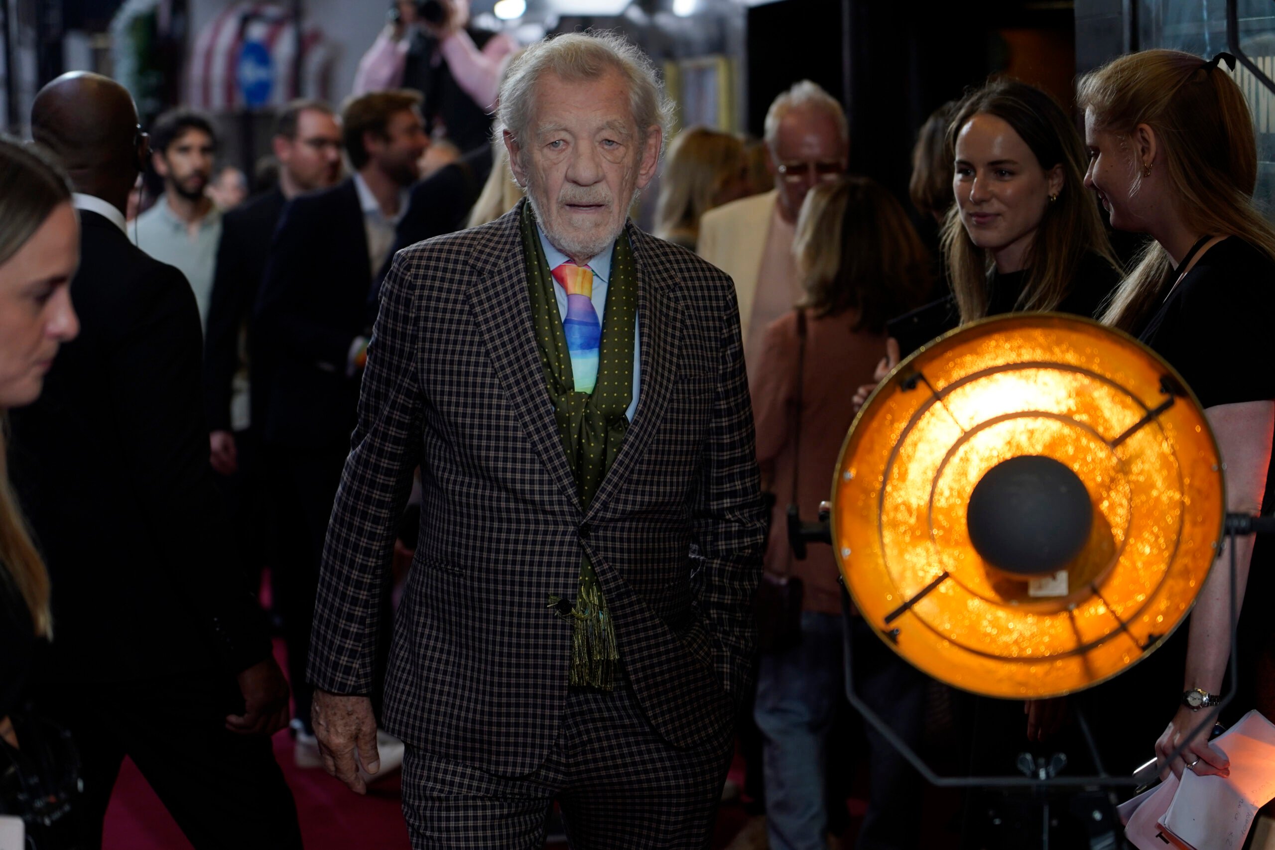 Ian McKellen, walks towards the photographers upon arrival at the European Premiere of the The Critic, In London, Monday, Sept. 2, 2024. (AP Photo/Alberto Pezzali).