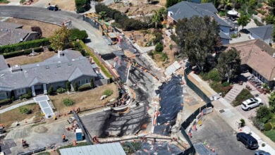 Slide damage on Dauntless Dr. in Rancho Palos Verdes on Tuesday, Sept. 3, 2024. Gov. Gavin Newsom has proclaimed a state of emergency in Rancho Palos Verdes where worsening landslide conditions have led to residents having electrical and gas service cut off. The proclamation is aimed at freeing up state resources to assist in the response to the slides. (Dean Musgrove/The Orange County Register via AP).