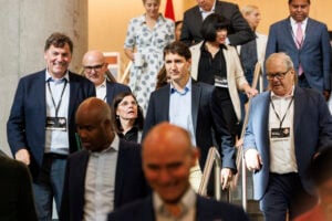 Canadian Prime Minister Justin Trudeau and members of his cabinet arrive at the retreat in Halifax, Nova Scotia, Monday, Aug. 26, 2024. (Kelly Clark/The Canadian Press via AP).