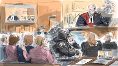 Therapist and survivor advocate Shannon Moroney, centre left to right, Peter Nygard, Nygard's lawyer Gerri Wiebe, Justice Robert Goldstein and Crown lawyer Neville Golwalla are seen in a courtroom sketch in Toronto, Monday, Sept. 9, 2024. A(lexandra Newbould/The Canadian Press via AP).