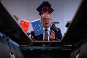 President of the European Union Chamber of Commerce in China Jens Eskelund speaks during a press conference for the annual European Business in China Position Paper, in Beijing, Wednesday, Sept. 11, 2024. (AP Photo/Andy Wong).