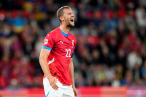 Czech Republic's Tomas Soucek reacts during the UEFA Nations League soccer match between the Czech Republic and Ukraine in Prague, Tuesday, Sept. 10, 2024. (AP Photo/Petr David Josek).