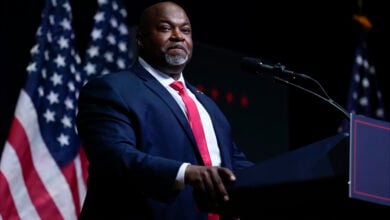 North Carolina Lt. Gov. Mark Robinson speaks before Republican presidential nominee former President Donald Trump at a campaign rally in Asheville, N.C., Aug. 14, 2024. (AP Photo/Matt Rourke, File).