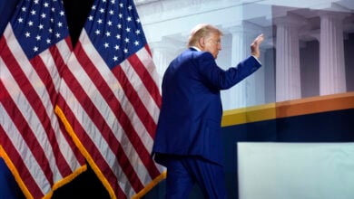 Republican presidential nominee former President Donald Trump leaves after an event with Moms for Liberty co-founder Tiffany Justice at the group's annual convention in Washington, Friday, Aug. 30, 2024. (AP Photo/Mark Schiefelbein).