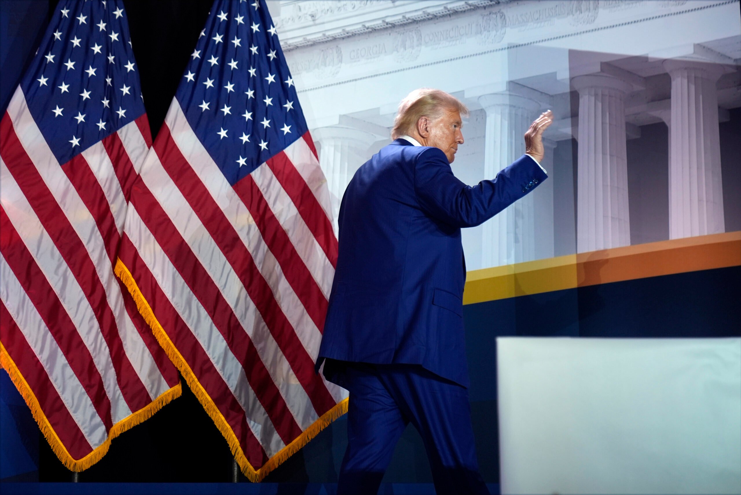 Republican presidential nominee former President Donald Trump leaves after an event with Moms for Liberty co-founder Tiffany Justice at the group's annual convention in Washington, Friday, Aug. 30, 2024. (AP Photo/Mark Schiefelbein).