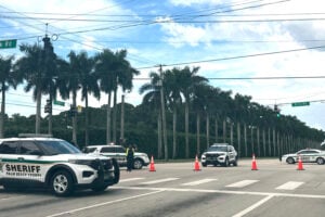 Sheriff vehicles are pictured near Trump International Golf Club, Sunday. Sept. 15, 2024, in West Palm Beach, Fla., after gunshots were reported in the vicinity of Republican presidential candidate former President Donald Trump. (AP Photo/Stephany Matat).